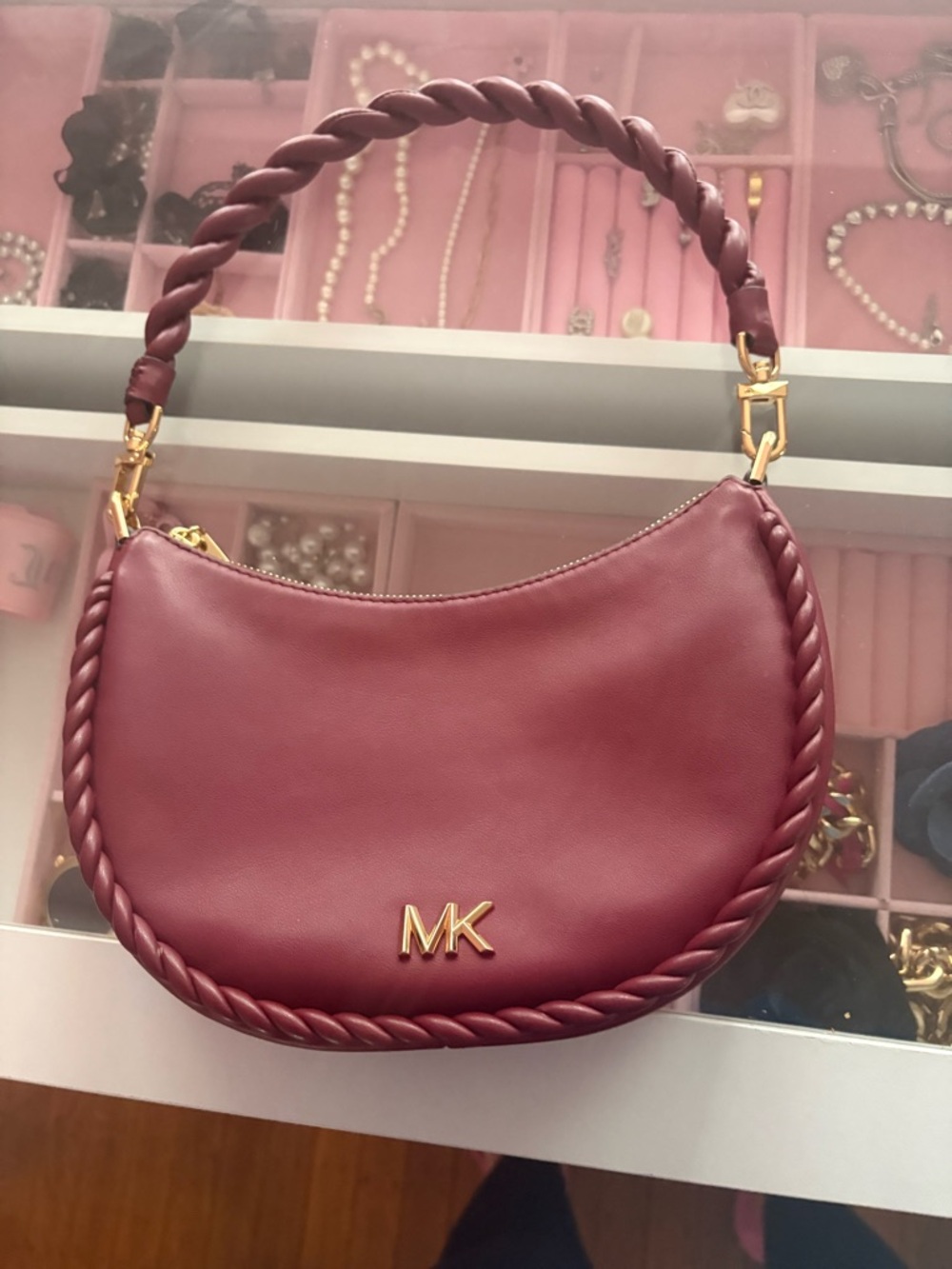 Michael Kors Maroon Braided-Trim Shoulder Bag